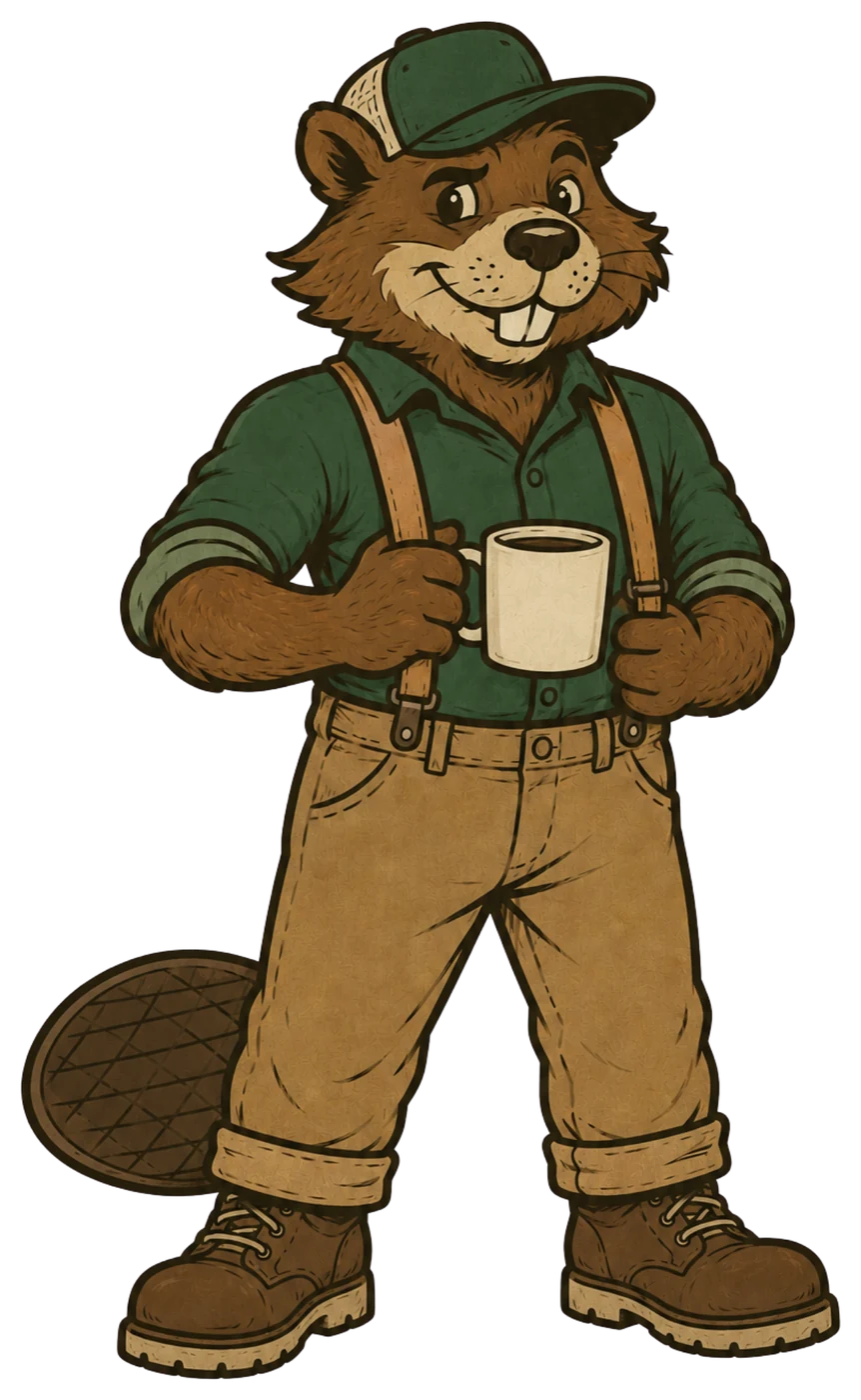 The Ozarks Land Revival beaver mascot in a green cap and suspenders, holding a coffee mug